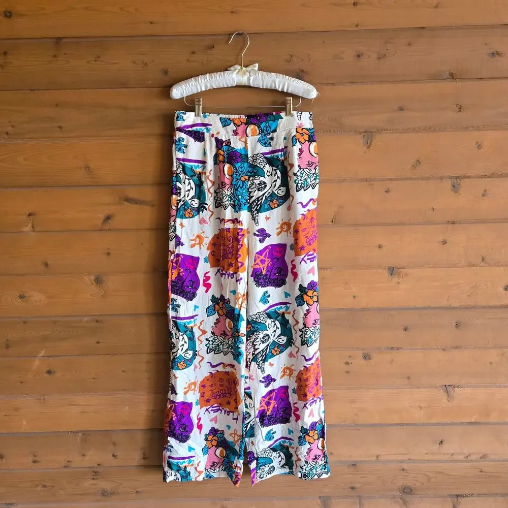 Milk & Honey Graphic Pant Wide Leg Boho Pinup Tropical Beachy Large Y2K Flowy - Picture 2 of 7
